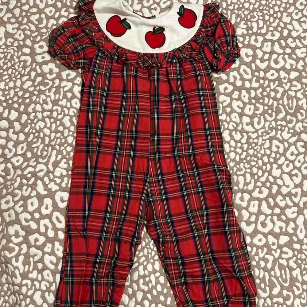 Rare‎ Editions White and Red Plaid Baby Romper with Apple Accent